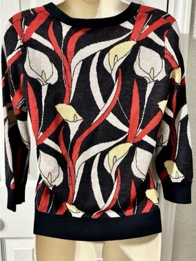 Chelsea & Theodore Black Pullover Sweater with Red and Yellow Floral Motif